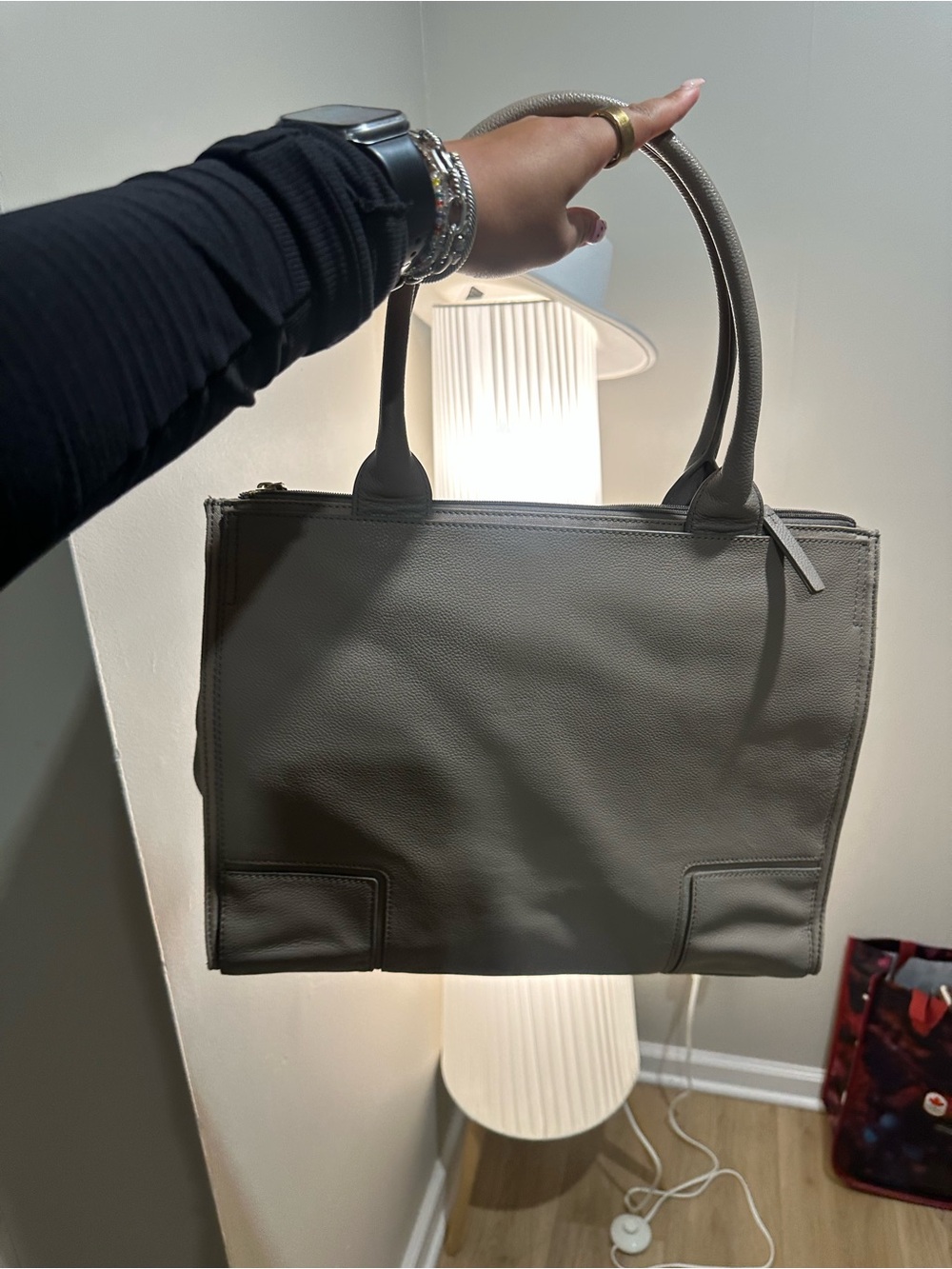 Tory Burch Gray Taupe Pebbled Leather Tote - Picture 2 of 3